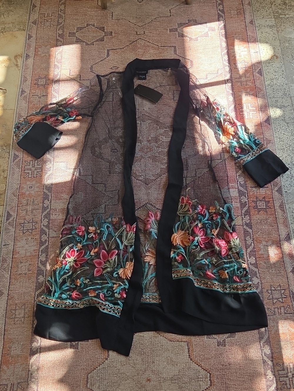 Embroidered Sheer Black Floral Duster